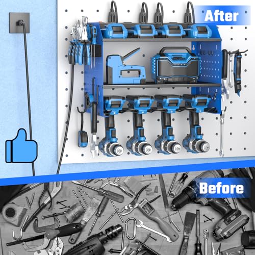 ZESEN Power Tool Organizer with Charging Station, Heavy Duty 4 Layer Drill Holder Wall Mount Garage Shelf Rack with 6 Outlet Power Strip, Tool Shelf with Hooks, Drill Bit Rack for Garage, Blue - color: Blue