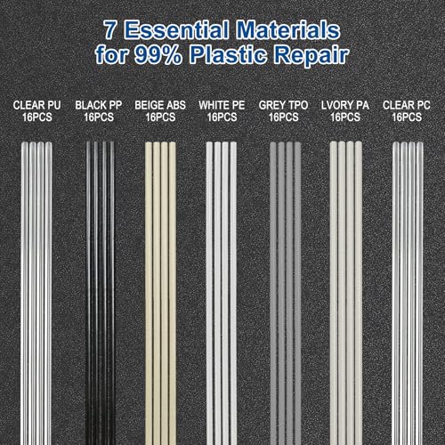112 Pcs Plastic Welding Rods Kit, 7 Materials (PP ABS PE PU TPO PA PC) for Car Bumper & Kayak Repair, Includes 5 Stainless Steel Mesh, 4 Sanding Sponges & 5 Tapes, 7.87 Inch Plastic Weld Rods