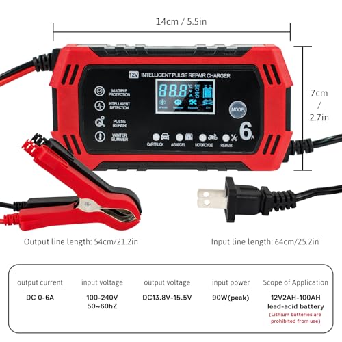 Car Battery Charger,12V 6Amp Trickle Charger and Maintainer, Smart Fully Automatic Battery Charger w/Temperature Compensation, Battery Pulse Repair and Desulfator for Lead Acid AGM Batteries
