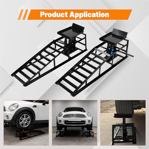 2 Pack 5T Low Profile Hydraulic Car Ramps, Black | Integrated Hydraulic Jack, Adjustable Lifting Height, High-Strength Steel, Ideal for Low Profile Vehicles, DIY Garage - size: 10000lbs/5T-Black