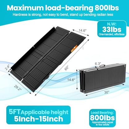 Wheelchair Ramp 5FT, Portable Ramps for Home for Wheelchairs | 800 LBS Capacity, Non-Skid, Aluminum Handicap Ramp for Doorway, Threshold, Entry, Stairs, 36" L x 29.2" W x 2''H, Black - size: 5FT(Applicable height5"-15")
