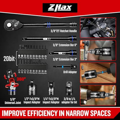ZHAX 3/8 Inch Drive 12 Point Impact Socket Set, 74 PCS Standard SAE(5/16"- 3/4") & Metric(8-22mm) With Color Ring, Deep & Shallow, 72T Wrench Ratchet Tool Kit,Cr-V With Heavy Duty Storage Case - size: 3/8" drive 12 point