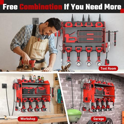 ZESEN Power Tool Organizer with Charging Station, Heavy Duty 3 Layer Drill Holder Wall Mount Garage Shelf Rack with 6 Outlet Power Strip, Tool Shelf with Hooks, Drill Bit Rack for Garage, Red - color: Red