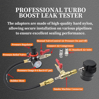 19PCS Turbo System Leakage Tester Kit, Turbo Boost Leak Tester with 8 Pairs of Stepped Adapters (1-1/4'' to 4-1/4'') Air Pressure Gauge Cooling System Radiators Intercoolers Hose Leaks Test - size: 19pcs