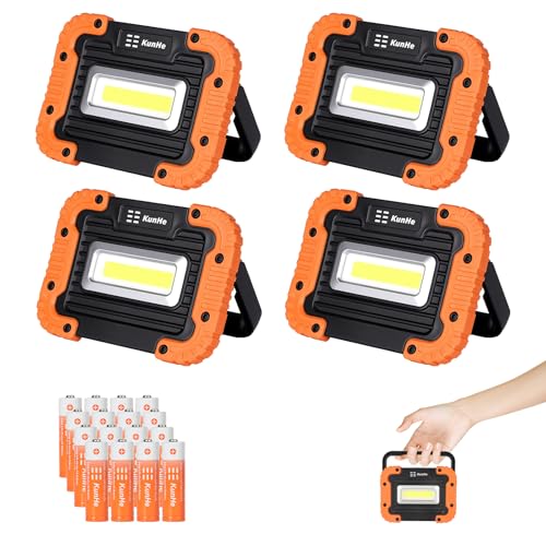 KunHe 4 Pack Magnetic Battery Powered Work Light 500 Lumen Portable Work Light IPX4 Waterproof 180 Rotating Bracket (16 AA Alkaline Batteries Included) for Camping Car Repair Emergency - style: 4 Pack Battery version