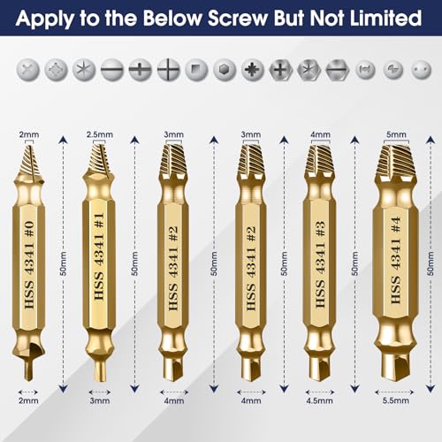 6Pcs Screw Extractor Set – Bolt Remover for Stripped & Rusty Screws | HSS 4341 Steel, 63 HRC Hardness, Fits 3-12mm, Easy 2-Step Use, Durable Case Included, for Mechanics & DIY, Gold - color: Gold