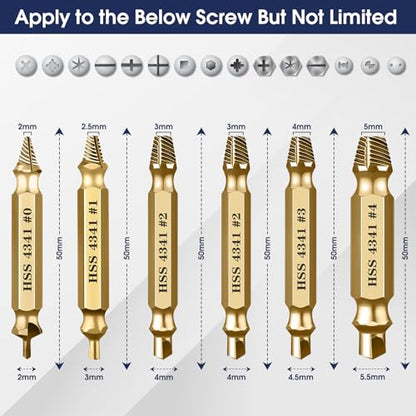 6Pcs Screw Extractor Set – Bolt Remover for Stripped & Rusty Screws | HSS 4341 Steel, 63 HRC Hardness, Fits 3-12mm, Easy 2-Step Use, Durable Case Included, for Mechanics & DIY, Gold - color: Gold