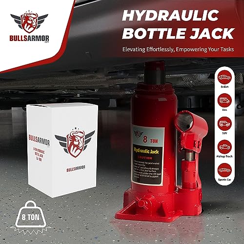 BullsArmor Hydraulic Bottle Jack - 8 Ton (16,000 lb) Capacity - Welded Heavy-Duty Design with Extended Pump Handle - Ideal for Cars, Trucks, RVs, and Industrial Use - Red - size: 8 Ton