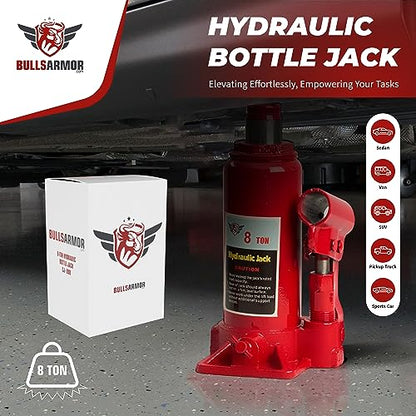 BullsArmor Hydraulic Bottle Jack - 8 Ton (16,000 lb) Capacity - Welded Heavy-Duty Design with Extended Pump Handle - Ideal for Cars, Trucks, RVs, and Industrial Use - Red - size: 8 Ton
