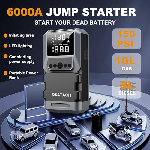 Jump Starter with Air Compressor, 6000A 150PSI Car Battery Jump Starter (10.0 Gas/8.0L Diesel) Battery Jumper Starter Portable 12V Jump Box with Jumper Cables, LED Light, LED Display - color: black