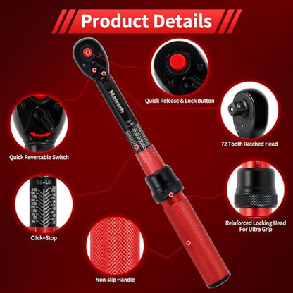 Hairich Torque Wrench Bike 1/4 Inch,2.3-24.9 N.M/20-220IN.LB, Drive Click Torque Wrench Set,16PCS 72-tooth Torque Wrenches Set with Extension Bar & Socket Sets for Bicycle - size: 16PCS 1.67-18.33 FT.LB