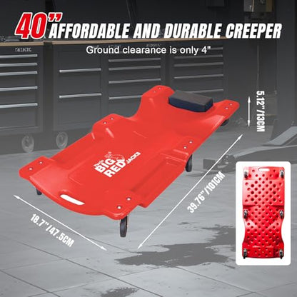 Big RED Plastic Rolling Garage/Shop Creeper: Dual Tool Trays and 6 Casters, Red，40" Mechanic Cart with Padded Headrest