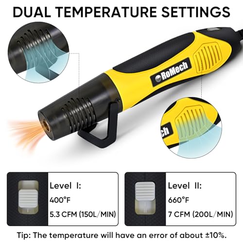 ROMECH 350W Heat Gun with 2 Nozzles, Dual Temp Heat Gun 400°F-660°F, Fast Heat Hot Air Gun with Overload Protection for DIY Craft Embossing Shrink Wrapping (Yellow) - color: Yellow
