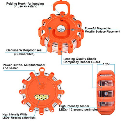 Tobfit 6 Pack LED Road Flares Emergency Lights Roadside Safety Beacon Disc Flashing Warning Flare Kit with Magnetic Base & Hook for Car Truck Boats | 9 Flash Modes (Batteries Not Included) (6) - color: 6 Sets