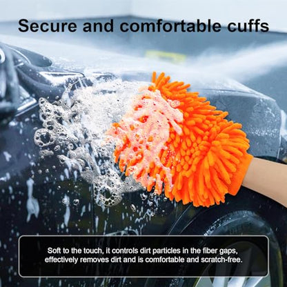 Ziciner Premium Microfiber Wash Mitt, Soft Scratch-Free Double-Sided Chenille Washing Gloves Perfect for Car Washing and Detailing (Orange, Large) - color: Orange