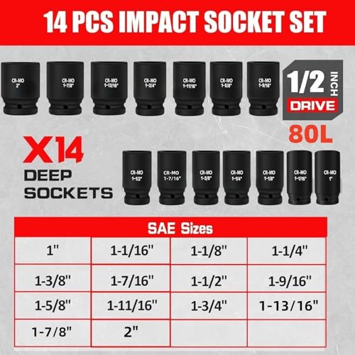 TONYNOL 1/2" Inch Drive Deep Impact Socket Set,6-Point,SAE Sizes(1“-2”),14 PCS,Cr-Mo Steel,Heavy Duty Impact Sockets for Automotive & Industrial Machinery,With a Storage Case - style: 1/2" Drive SAE Sizes(1"-2")