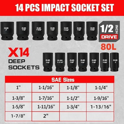 TONYNOL 1/2" Inch Drive Deep Impact Socket Set,6-Point,SAE Sizes(1“-2”),14 PCS,Cr-Mo Steel,Heavy Duty Impact Sockets for Automotive & Industrial Machinery,With a Storage Case - style: 1/2" Drive SAE Sizes(1"-2")