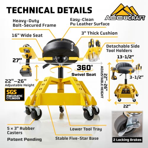 Rolling Shop Stool with Wheels, Garage Mechanic Stool with Backrest, Metal Heavy Duty Roller Mechanic Chair with Tool Tray, 5-Wheel Anti-tip Design,22"-26" Adjustable Height, 330 LBS Capacity