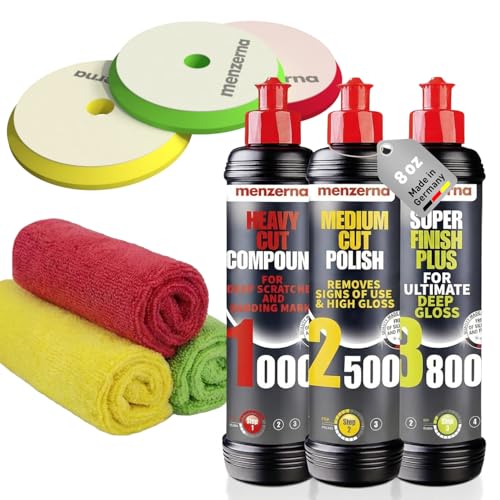 menzerna Polishing Set 8oz – HCC1000, MCC2500 & SFP3800 | 3-Step System incl. 3 Matching 6-Inch Pads & 3 Matching Microfiber Towels for Scratch Removal, Swirl Elimination & Mirror-Like Finish - color: Polishing Set 8oz + Pad + MF