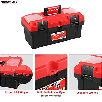 MAXPOWER Tool Box 16 inch, Plastic Small Tool Box with Latch Removable Tray | Lockable Toolbox for Home, Red - size: 16", style: 16" red