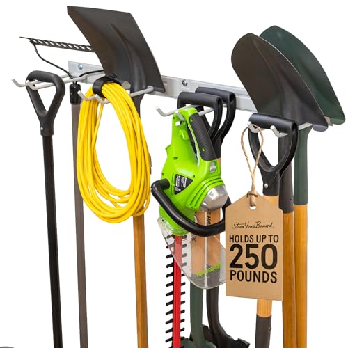 StoreYourBoard 36" Garage Tool Organizer Wall Mount | Garden Tool Organizer System | Heavy Duty Garden Tool Storage Rack for Yard Tools Rakes Shovels 250lbs Garage Organization | 4 PVC Coated Hooks - color: GRAY, size: 36" Heavy Duty Steel Rack | 4 Hooks
