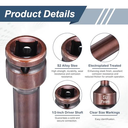 HARFINGTON 2pcs Impact Hex Bit Socket 1/2" Drive 7H (7mm) Hex Bits 6" Length S2 Steel Metric Impact Wrench Socket Adapter Tool for Automotive Repair Industrial Construction and Home DIY - size: H7 x 1/2" x 6"