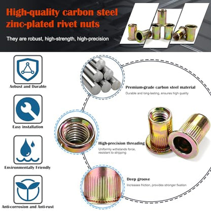Rivet Nut, Ktehloy 150Pcs 8-32UNC Carbon Steel Flat Head Rivnut Threaded Insert Nut, Zinc Plated Carbon Steel Nut Inserts, Knurled Body (8-32) - size: 8-32 - 150 Pcs
