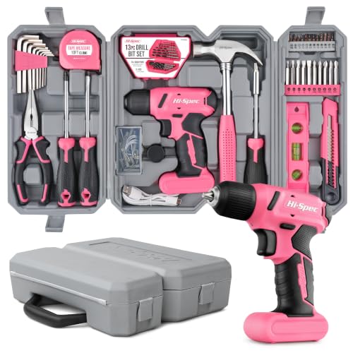 Hi-Spec 58pc Pink 8V USB Electric Power Cordless Drill Driver and Womens Ladies Home DIY Tool Kit Set. Screwdrivers, Drill Bit Set Accessories, Pliers and Hammer In a Toolbox Case - color: Pink, size: 58 Pieces