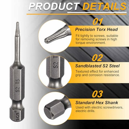 HARFINGTON 10pcs T5 Torx Head Screwdriver Bit 1/4" Hex Shank 2" (50mm) Long Magnetic No Hole Tip Tamper Proof 6 Point Star Screw Driver Drill Bits S2 Steel Industrial Power Screwdrivers - size: T5 x 2"
