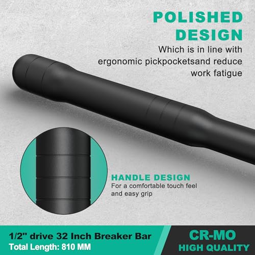 1/2" Drive 32 Inch Breaker Bar, Heavy Duty Head, Premium Chromium-Molybdenum Steel, Laser Etched Marking, for Grip and Break Loose Tight Bolts, Nuts - size: 1/2" 32-inch