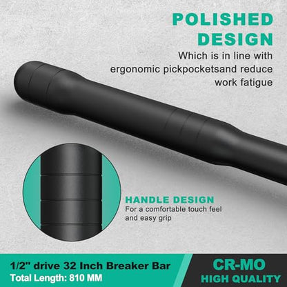 1/2" Drive 32 Inch Breaker Bar, Heavy Duty Head, Premium Chromium-Molybdenum Steel, Laser Etched Marking, for Grip and Break Loose Tight Bolts, Nuts - size: 1/2" 32-inch