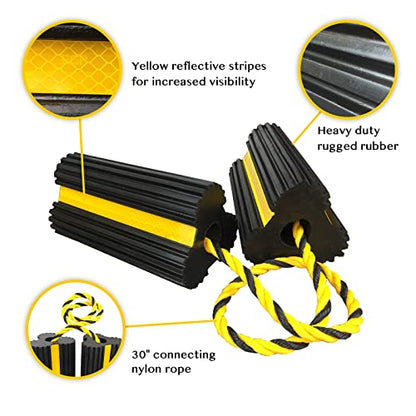 HOXWELL 2 Pair Rubber Heavy Duty Dual Wheel Chocks Front and Back, RV Leveling Blocks Non Slip Base with Nylon Rope Yellow Reflective Tape for Travel Trailers, Car, Camper, Truck (4 Pack)