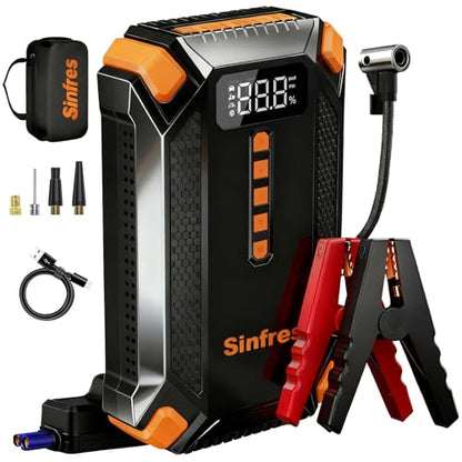 1000A 12V Jump Starter with Air Compressor, 150 PSI Tire Inflator | 1.8lb body for 6L gas/3L diesel engines with auto shut-off, LCD display, LED emergency light, USB power bank and storage case