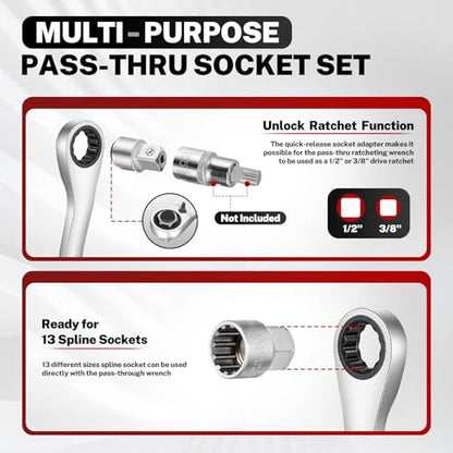 BILITOOLS 17PCS 3/8" & 1/2 Pass Through Socket Set, 2-In-1 Conversion | for Standard Ratchet/Pass-Through Ratchet, Pass Thru, Go Through, Mechanics Tools Set for Hex, Square, E-Torx, Spline - style: 17-Piece Pass Through Socket Set