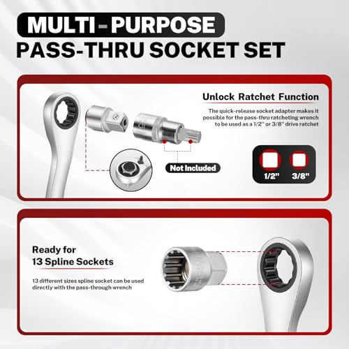 BILITOOLS 17PCS 3/8" & 1/2 Pass Through Socket Set, 2-In-1 Conversion | for Standard Ratchet/Pass-Through Ratchet, Pass Thru, Go Through, Mechanics Tools Set for Hex, Square, E-Torx, Spline - style: 17-Piece Pass Through Socket Set