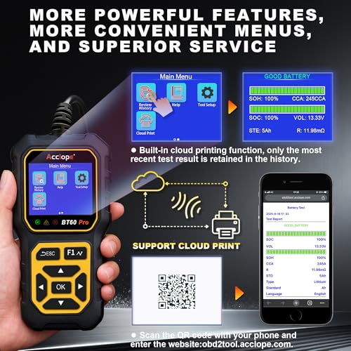 BT60 PRO Car Battery Tester 6V/12V/24V, 2–120Ah, 100–3000 CCA, AGM/Gel/Lithium, Alternator & Starter/Charging System Analyzer, QR Cloud Report (No App), Digital Analyzer - color: Black-Yellow