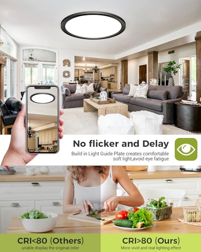 hepside 6PACK LED Flush Mount Ceiling Light,3000K-4000K-6500K & 150W Equivalent Modern Kitchen Recessed Ceiling Lamp 24W 3200Lm 12 Inch for Bathroom Closet Laundry Bedroom Hallway - color: Black, size: 12Inch-6pack