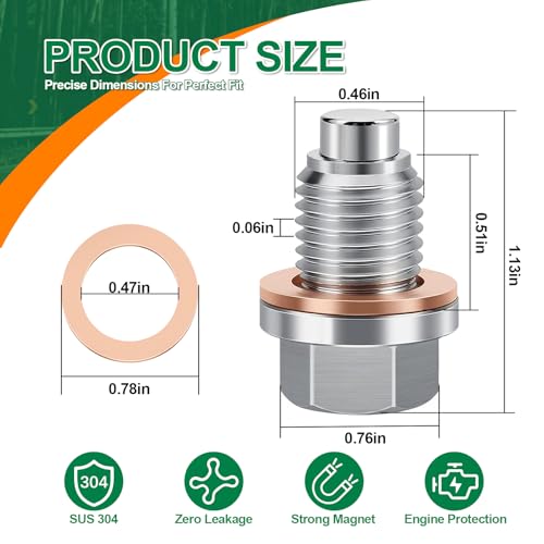 JUSTTOP M12 x 1.5 Magnetic Oil Drain Plug,Magnetic Stainless Steel Oil Pan Drain Nut Bolt with 5 PCS Washer Gasket,Fits for Benz BMW,Motorcycles,Boats