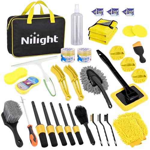 Nilight 37PCS Car Detailing Kit Auto Cleaning Tools Wash Set with Storage Carry Bag Home Use for Interior Exterior Deep Clean Car Care Windshield Dashboard Seat Air Vents Wheels Tires, Yellow - color: 37PCS Set, Yellow