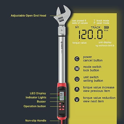 VANPO Digital HVAC Torque Wrench 7.4-147.6 ft.lb, 38mm Adjustable Jaw | 10-200 N.m, ±2% Accuracy, LED Buzzer Alert, 14x18mm Open End, Adjustable Digital Torque Wrench for Mini Split AC, Pipeline - size: 7.4-147.6ft.lb/10-200N.m (14×18mm)