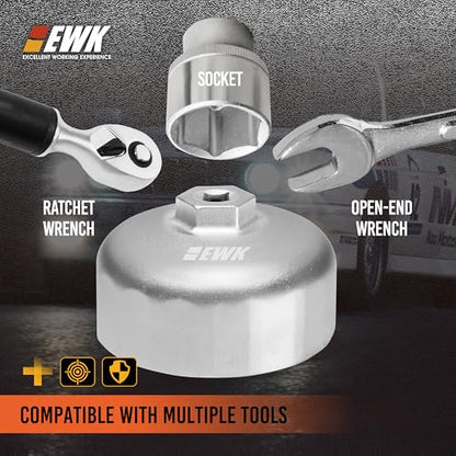 EWK 86.6mm 16-Flute Oil Filter Wrench, Heavy-Duty Cup Tool for BMW Cartridge Caps, Remove & Install Filter Housing Safely with 3/8" Drive, Fits 2006+ Models