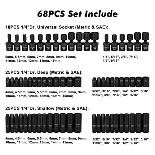 CASOMAN 1/4 Inch Drive Master Impact Socket Set with Adapters, U-Joint, Extensions & Torx Socket, 86-Piece, 6-Point, SAE/Metric, Standard/Deep, CR-V - size: 1/4" Drive