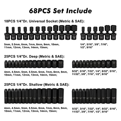 CASOMAN 1/4 Inch Drive Master Impact Socket Set with Adapters, U-Joint, Extensions & Torx Socket, 86-Piece, 6-Point, SAE/Metric, Standard/Deep, CR-V - size: 1/4" Drive