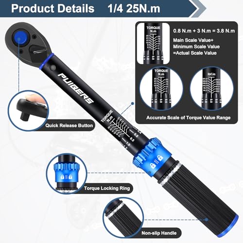 1/4'' Newton Meter Torque Wrench, Bike Torque Wrench 1/4 3-25 NM/22.6-221.3 IN.LB，Dual-Direction Adjustable 72 Tooth Drive Small Torque Wrenches for Bike, Motorcycle and Car Repair - size: 1/4" 1.88-18.44 FT.LB