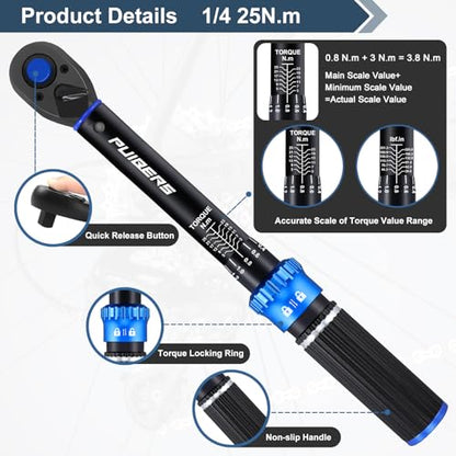 1/4'' Newton Meter Torque Wrench, Bike Torque Wrench 1/4 3-25 NM/22.6-221.3 IN.LB，Dual-Direction Adjustable 72 Tooth Drive Small Torque Wrenches for Bike, Motorcycle and Car Repair - size: 1/4" 1.88-18.44 FT.LB