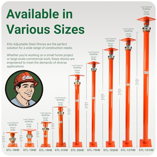 ELLIS Heavy-Duty Adjustable Steel Shore - Basement House Jack for Floor Leveling, Foundation, Beams & Concrete Bracing - 52,000 lb Capacity, 13"-20" Adjustable Support - size: 13" - 20" Adj. Safe Load Capacity (52,000 lb)