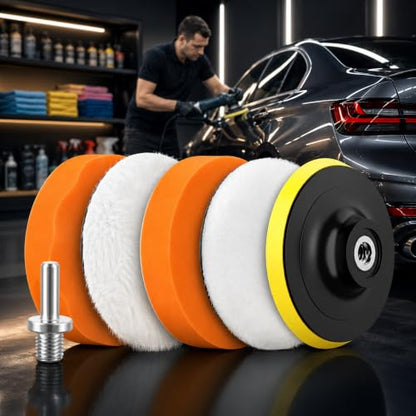 6Pcs 3" Wool Polishing Pad Kit with M10 Drill Adapter, Drill Buffer Attachment for Car Polishing Waxing, Foam Buffing Pads Set for Auto Detailing, Headlight Restoration, Metal Wood Resin Glass Surface