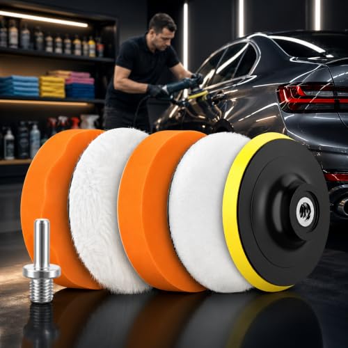 6Pcs 3" Wool Polishing Pad Kit with M10 Drill Adapter, Drill Buffer Attachment for Car Polishing Waxing, Foam Buffing Pads Set for Auto Detailing, Headlight Restoration, Metal Wood Resin Glass Surface