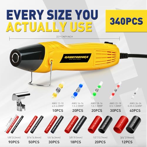 haisstronica 340 PCS All in One Set with Solder Seal Wire Connectors,3:1 Heat Shrink Tubing and Heat Gun,Solder Sticks Wire Terminals Electrical Connectors for Automotive, Marine, Trailer Wiring - size: 340 PCS