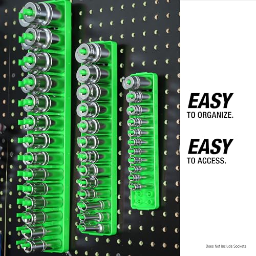 OEMTOOLS 22205 3/8 Socket Organizer (SAE), Socket Holder For Organizing Deep and Shallow Sockets, Labeled Posts, Dual Rail, Holds 1/4" to 1" | Dual Rail System Socket Holder, Socket Tray with Labeled Posts, Holds 1/4" to 1", Socket Organizer for Tool Box